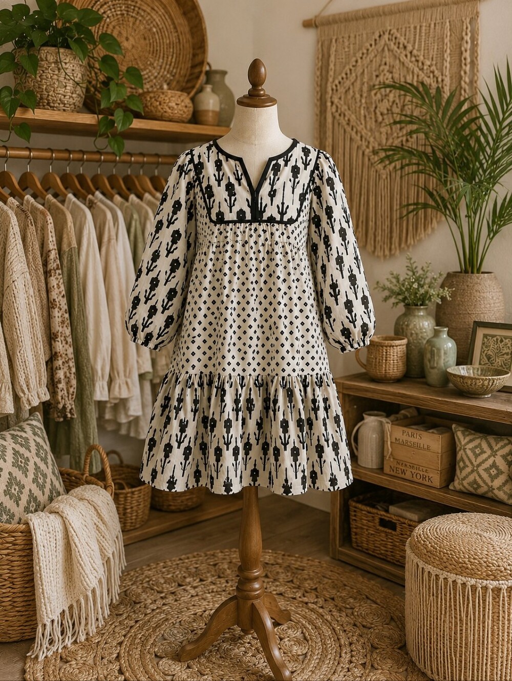 Zara Black & Cream Printed Boho Muslin Long Sleeve Dress
